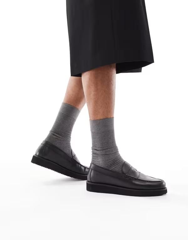 エイソス メンズ シューズ スリッポン・ローファー レザー ローファー ASOS DESIGN loafers leather with wedge sole Black ブラック