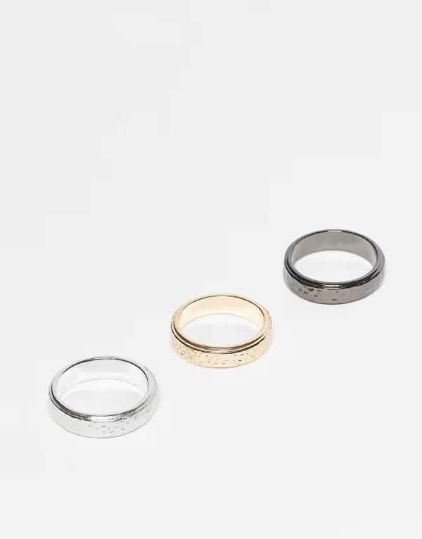 エイソス メンズ アクセサリー リング ASOS DESIGN 3 pack hammered textured rings in multi Multi マルチカラー