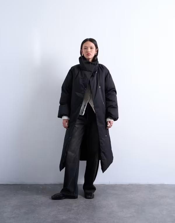 トップショップ レディース アウター コート スタンドネック ジャケット Topshop funnel neck longline belted puffer jacket Black ブラック