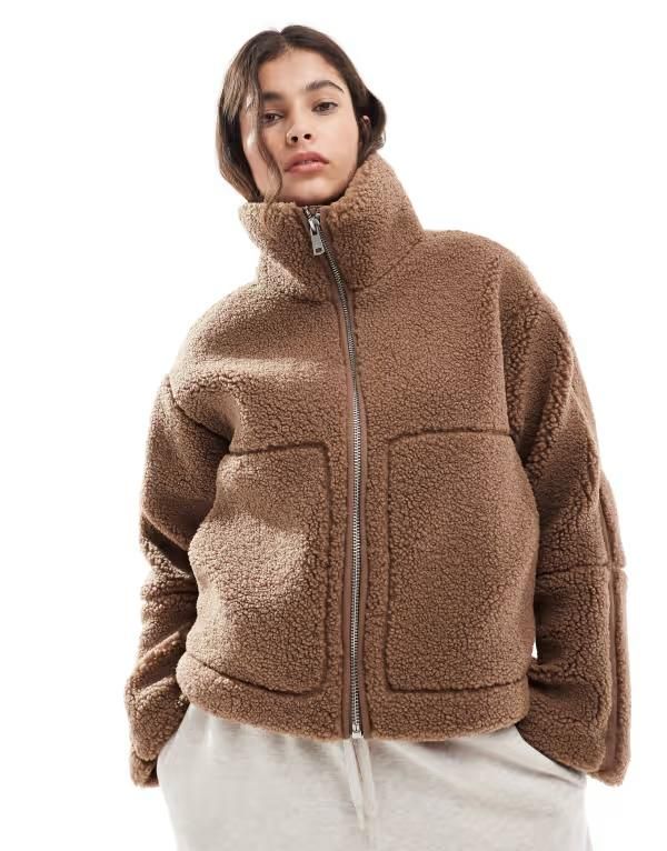オンリー レディース アウター ジャケット・ブルゾン ジャケット ONLY slouchy teddy jacket in light BROWN ブラウン