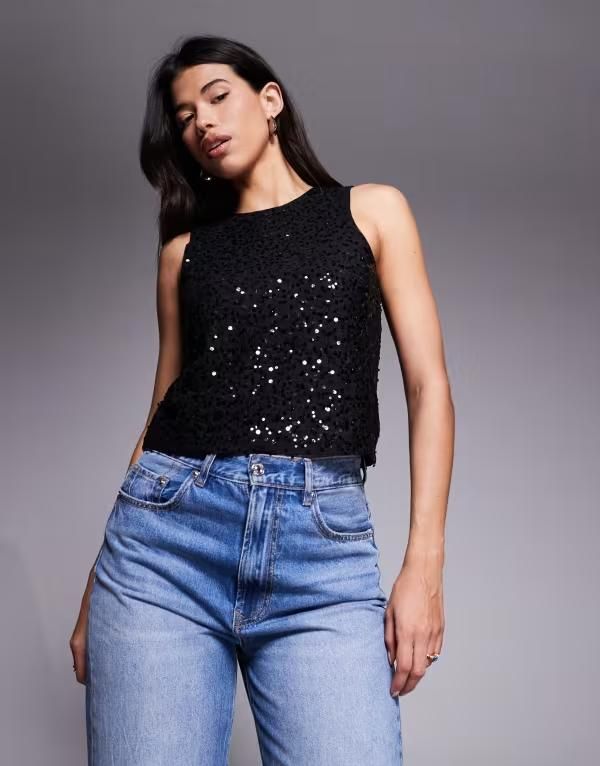 エイソス レディース トップス タンクトップ メッシュ シアー スパンコール ASOS DESIGN wiggle sequin sheer mesh tank top Black ブラック