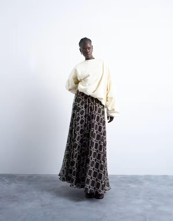 トップショップ レディース ボトムス スカート プリント マキシ Topshop check print full circle maxi skirt in chocolate Check print チェック