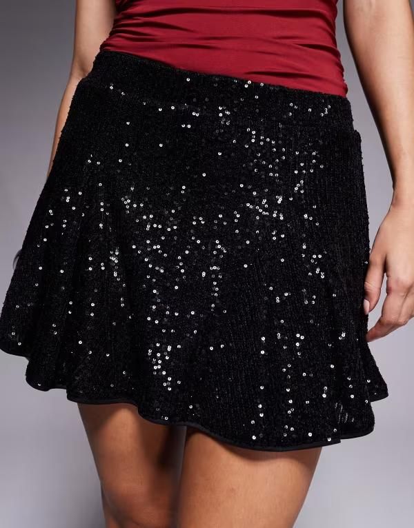 エイソス レディース ボトムス スカート ミニ スパンコール ASOS DESIGN allover sequin godet flippy mini skirt Black ブラック