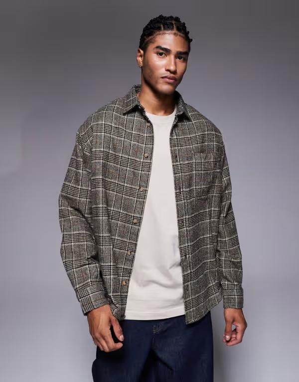 エイソス メンズ トップス シャツ ASOS DESIGN regular flannel plaid shirt BROWN ブラウン