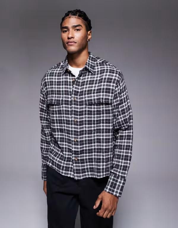 エイソス メンズ トップス シャツ ASOS DESIGN boxy oversized mono check shirt CHARCOAL チャコール