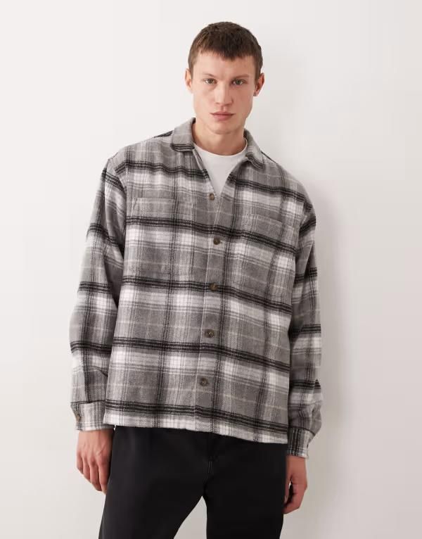 エイソス メンズ トップス シャツ ASOS DESIGN boxy oversized heavyweight plaid shirt Gray グレー