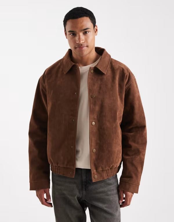 エイソス メンズ アウター ジャケット・ブルゾン スエード ジャケット ASOS DESIGN faux suede oversized bomber jacket BROWN ブラウン