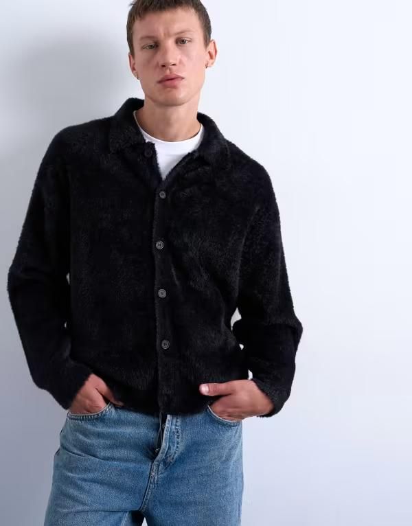トップマン メンズ トップス ポロシャツ カーディガン ニット Topman fluffy knit cardigan Black ブラック