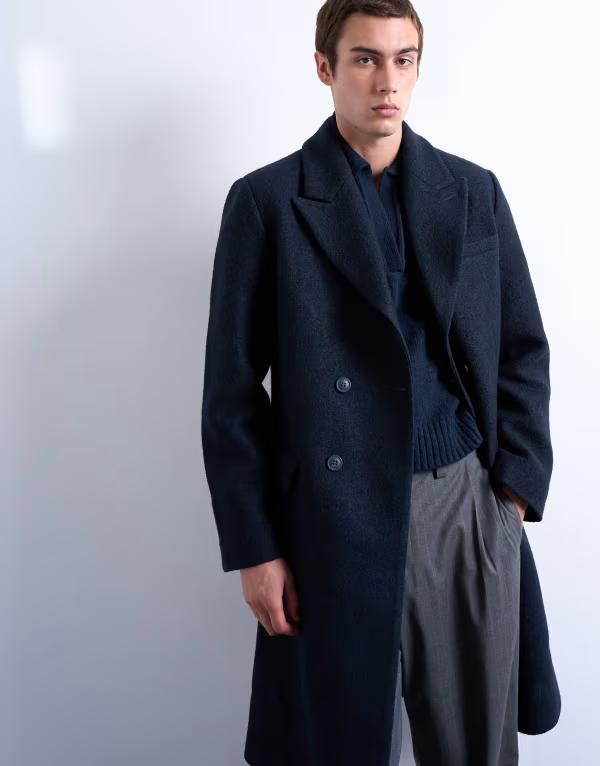 トップマン メンズ アウター コート ウール Topman textured double breasted wool blend coat NAVY ネイビー