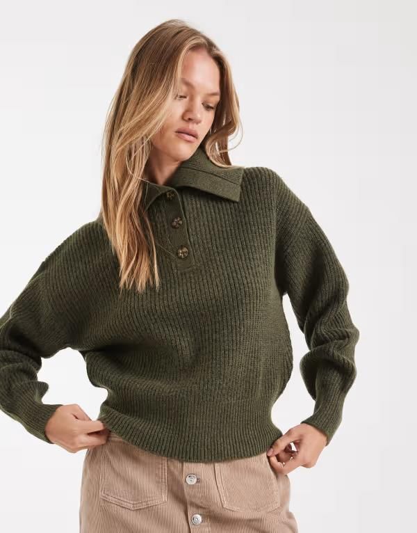 エイソス レディース アウター ニット・セーター リブニット セーター ニット ASOS DESIGN sailor collar fisherman rib knit sweater Khaki カーキ