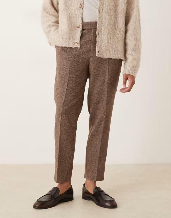 エイソス メンズ ボトムス カジュアルパンツ パンツ ウール ASOS DESIGN tapered wool blend dress pants BROWN ブラウン