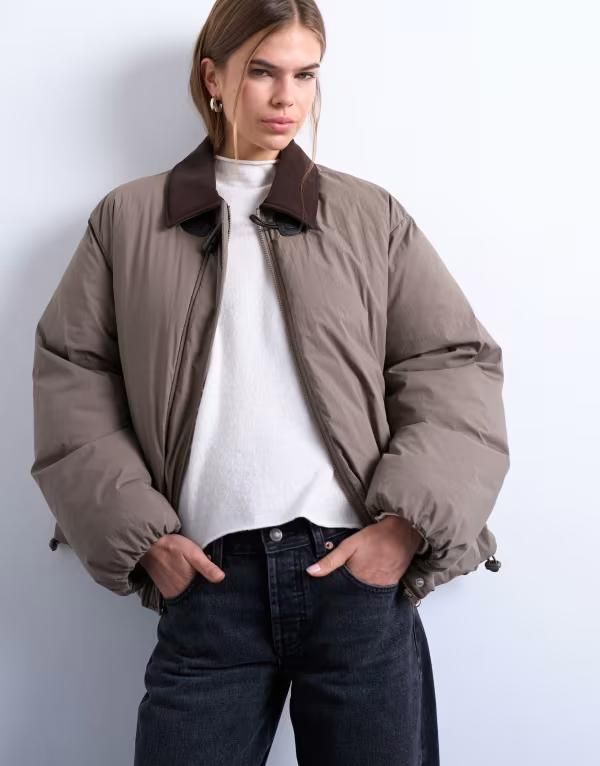 トップショップ レディース アウター コート ナイロン スエード コントラスト Topshop nylon padded car coat with contrast suedette collar khaki カーキ
