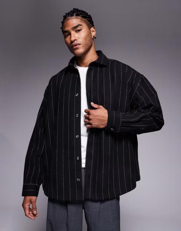 エイソス メンズ トップス シャツ ウール ASOS DESIGN oversized wool blend pinstriped shirt in charcoal CHARCOAL チャコール