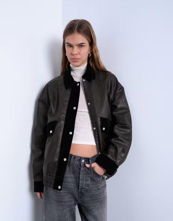 トップショップ レディース アウター ジャケット・ブルゾン スエード コントラスト レザー フェイクレザー ジャケット Topshop faux leather patch pockets jacket with faux suede contrast bro