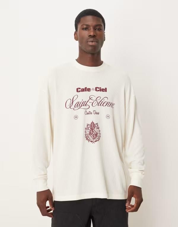 エイソス メンズ トップス Tシャツ グラフィック ASOS DESIGN heavyweight oversized long sleeve tshirt with text graphic in offwhite waffle Multi マルチカラー 6,825円