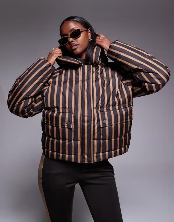 スリードベア レディース アウター ジャケット・ブルゾン コート Threadbare Ski striped puffer coat with hood and camel BROWN ブラウン 16,186円