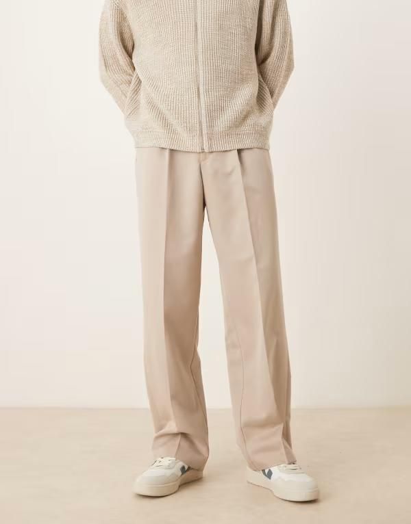 エイソス メンズ ボトムス カジュアルパンツ ワイドレッグ パンツ ASOS DESIGN wide leg dress pants with front pleats in stone STONE ストーン