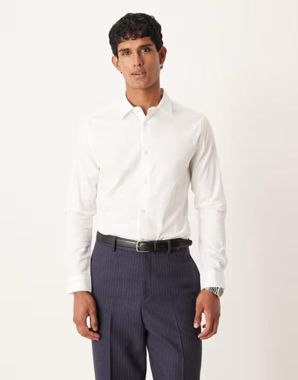 エイソス メンズ トップス シャツ オックスフォード ASOS DESIGN easy iron royal oxford slim shirt WHITE ホワイト