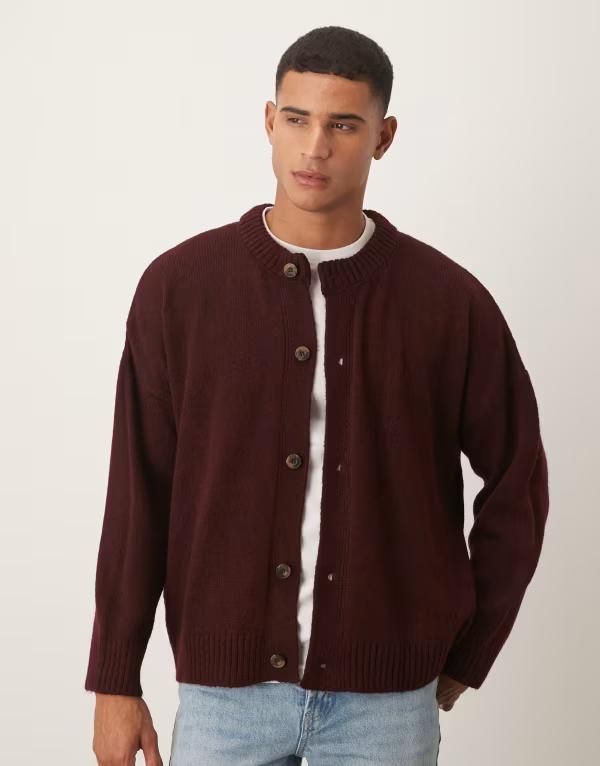 エイソス メンズ アウター カーディガン クルーネック ニット ASOS DESIGN super oversized boxy fit knit crew neck cardigan Burgundy バーガンディ