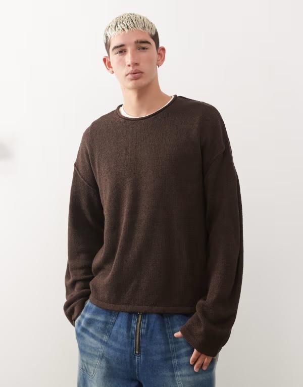 コルージョン メンズ アウター パーカー・スウェット セーター ニット COLLUSION slouchy oversized fine knit sweater Mocha モカ