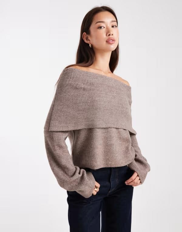 ミスセルフフリッジ レディース アウター ニット・セーター リブ セーター Miss Selfridge deep fold over ribbed bardot sweater in mocha Mocha モカ
