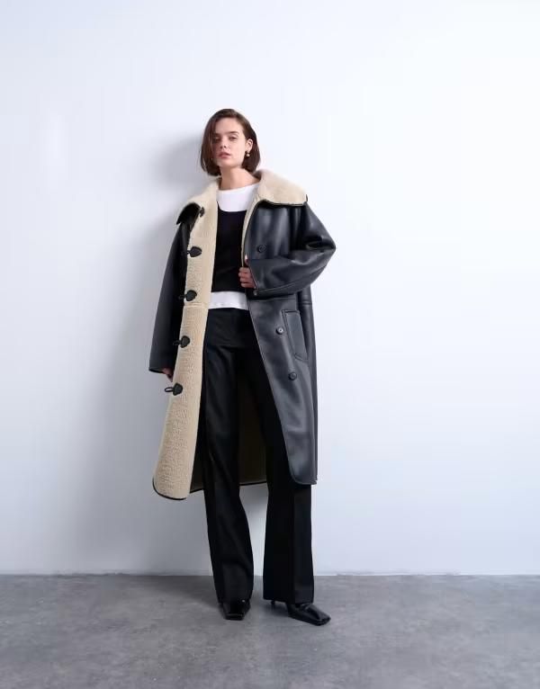 トップショップ レディース アウター コート Topshop oversized longline coat and cream Black cream クリーム