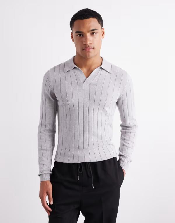 エイソス メンズ トップス ポロシャツ ニット ASOS DESIGN muscle fit long sleeve knit rib notch neck polo in light gray heather LIGHT GRAY MARL グレー