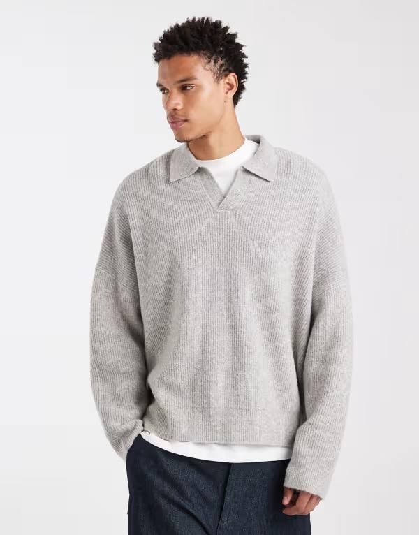 エイソス メンズ トップス ポロシャツ セーター ニット ASOS DESIGN super oversized boxy fit knit fisherman rib notch neck sweater in light LIGHT GRAY グレー 14,785円