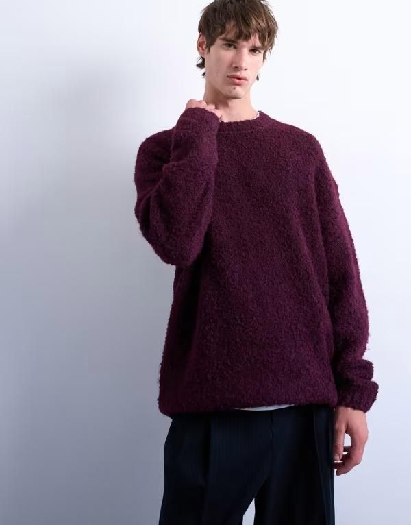 トップマン メンズ アウター ニット・セーター リラックスフィット セーター Topman relaxed fit boucle sweater Burgundy バーガンディ