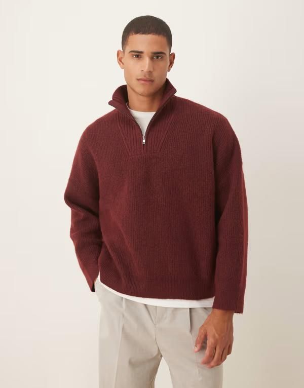 エイソス メンズ アウター ニット・セーター スタンドネック セーター ニット ASOS DESIGN super oversized boxy fit knit rib funnel neck sweater Burgundy バーガンディ