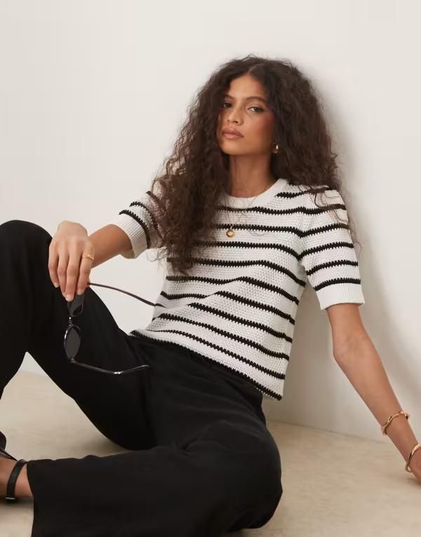ヴィラ レディース トップス Tシャツ ニット VILA short sleeve knitshirt and white stripe White alyssum ホワイト