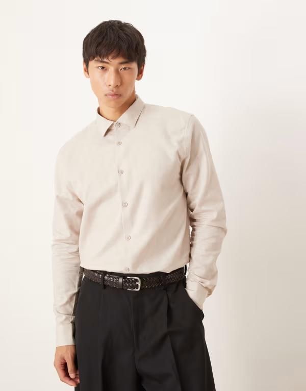 エイソス メンズ トップス シャツ リネン ASOS DESIGN formal linen blend regular shirt in stone STONE ストーン