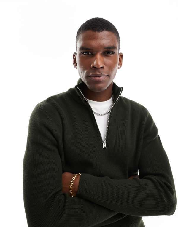オンリーアンドサンズ メンズ アウター ニット・セーター ハーフジップ リブ セーター ONLY SONS ribbed half zip sweater in dark Rosin グリーン