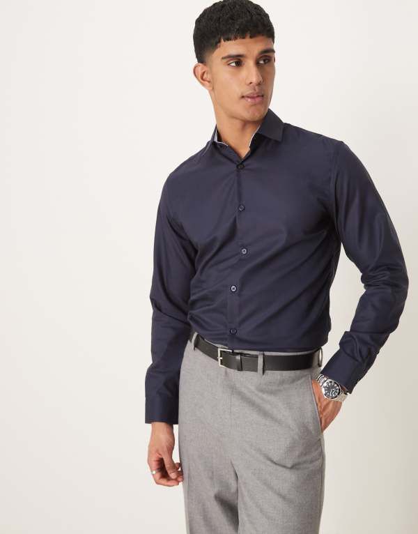 セレクテッドオム メンズ トップス シャツ スリムフィット Selected Homme slim fit easy iron smart shirt Navy blazer ネイビー