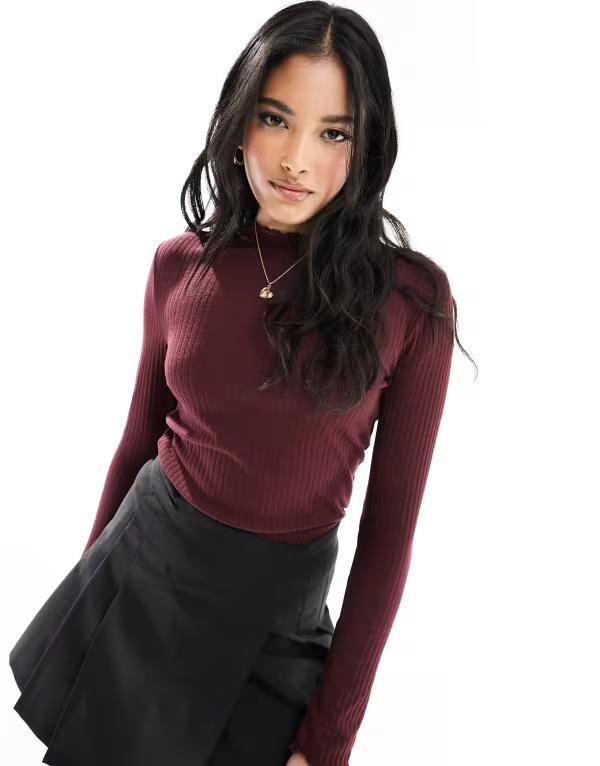 オンリー レディース トップス Tシャツ ハイネック リブ ONLY lettuce edge high neck ribbed top Madder brown ブラウン