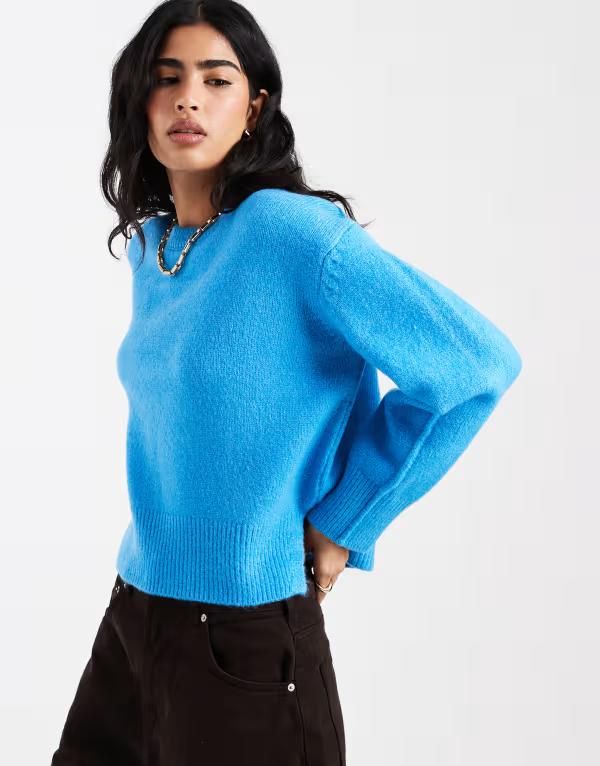 エイソス レディース アウター ニット・セーター クルーネック ASOS DESIGN boxy crew neck sweater with side split detail in bright Blue ブルー