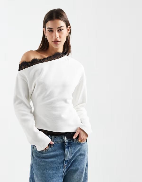エイソス レディース トップス Tシャツ レース ASOS DESIGN super soft fallen shoulder lace hem top WHITE ホワイト