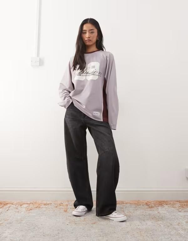 コルージョン レディース トップス Tシャツ グラフィック COLLUSION footballong sleeve tee with number graphic MAUVE