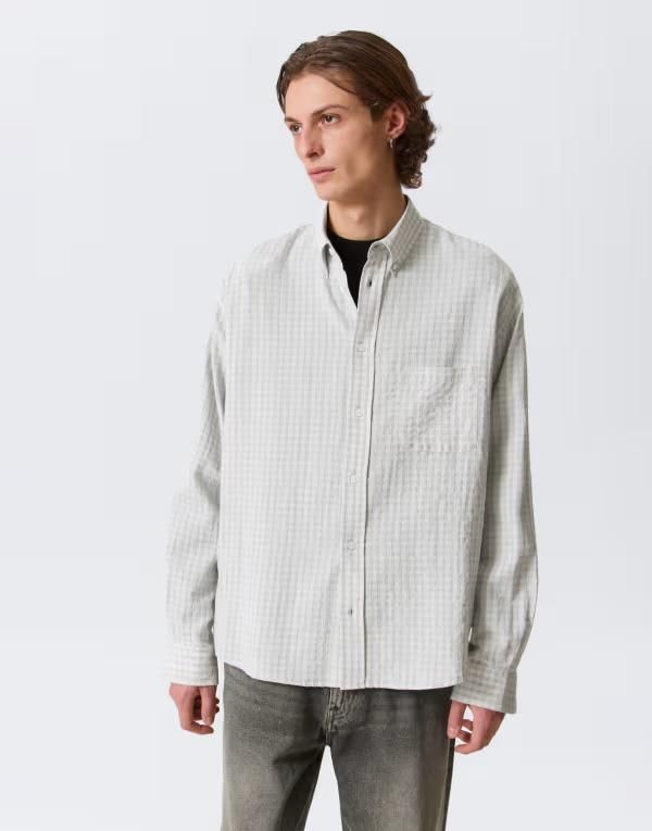 ウィークデイ メンズ トップス シャツ ギンガムチェック ギンガム Weekday long sleeve seersucker loose shirt gingham Gray check グレー