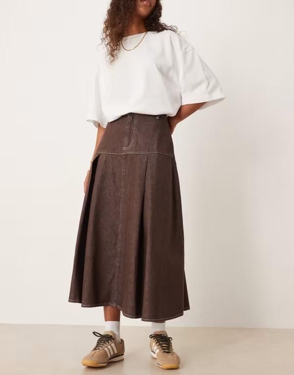 エイソス レディース ボトムスカート プリーツ デニム ASOS DESIGN dropped waist pleatedenim circle skirt BROWN ブラウン