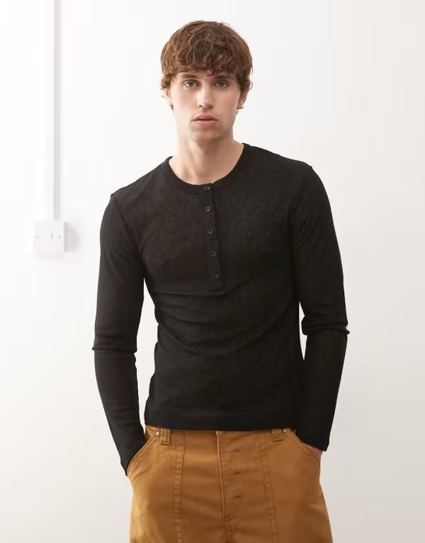 コルージョン メンズ トップス Tシャツ ボタンダウン メッシュ ダウン COLLUSION Long sleeve meshenley button down Tshirt Black ブラック