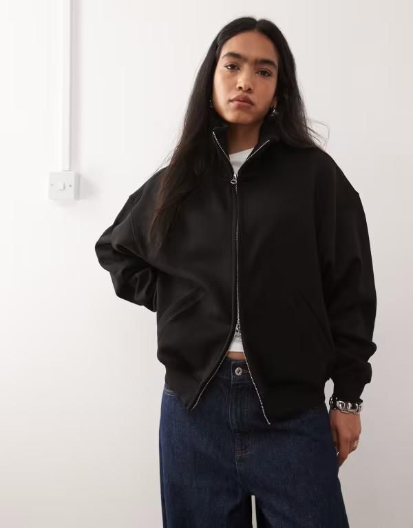 ウィークデイ レディース トップス Tシャツ スタンドネック スウェット Weekday Jodi zip up funnel neck sweatshirt in off Black ブラック