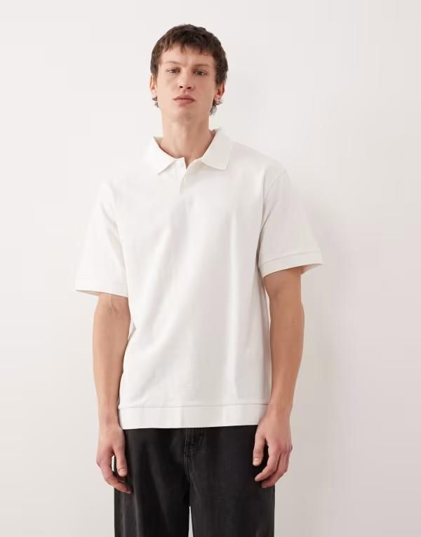 エイソス メンズ トップス ポロシャツ ASOS DESIGN relaxed polo with cuffed hem in cream boucle Coconut milk クリーム