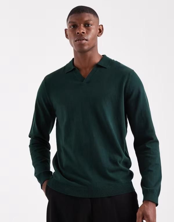エイソス メンズ トップス ポロシャツ ニット ASOS DESIGN essential knit long sleeve notch neck polo shirt in dark GREEN グリーン 11,455円