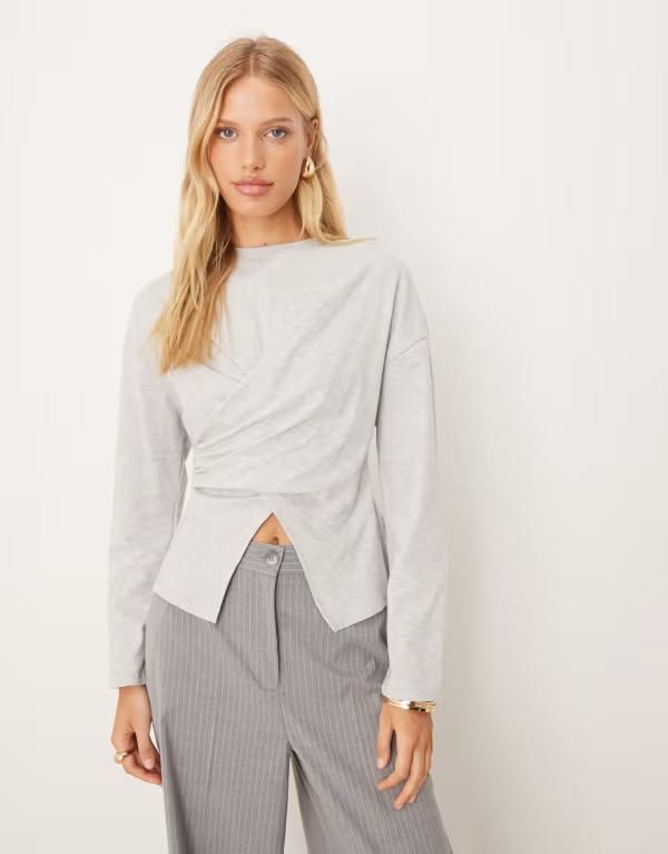 エイソス レディース トップス Tシャツ ASOS DESIGN long sleeve wrap Tshirt heather Gray Heather グレー
