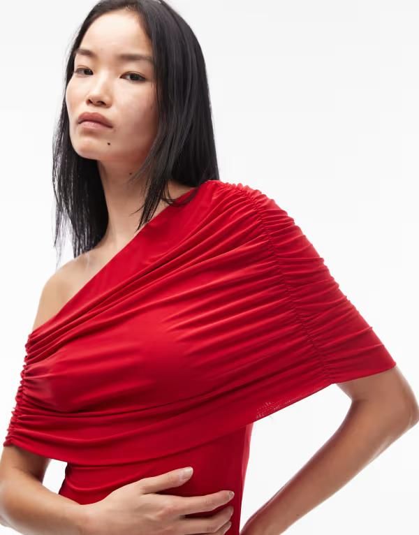 エイソス レディース トップス Tシャツ ケープデザイン アシンメトリー キャップ ケープ ASOS DESIGN slinky asymmetricape shoulder top Red レッド