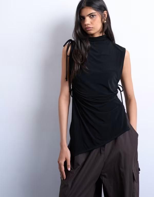 トップショップ レディース トップス Tシャツ ハイネック ギャザー Topshop high neck ruched channel tunic top Black ブラック