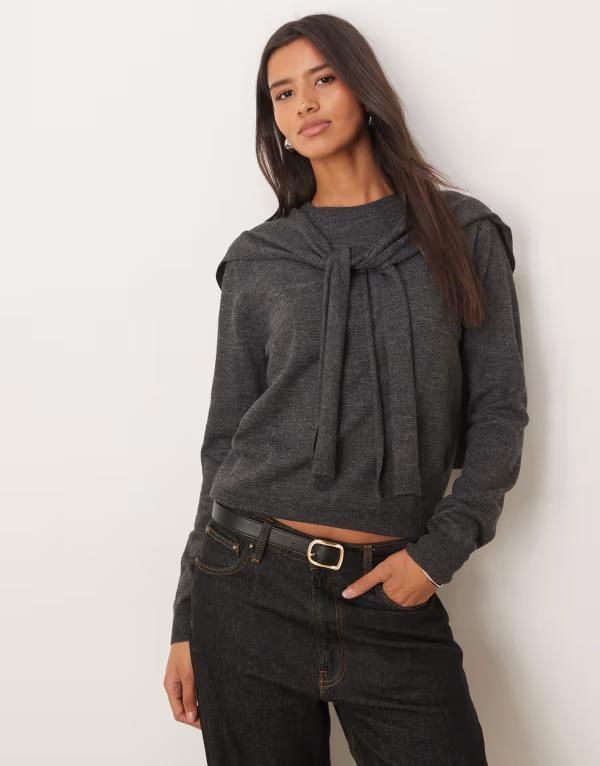 マンゴ レディース アウター ニット・セーター オーバーレイ ウール Mango wool mix sweater with detachable overlay in charcoal チャコール