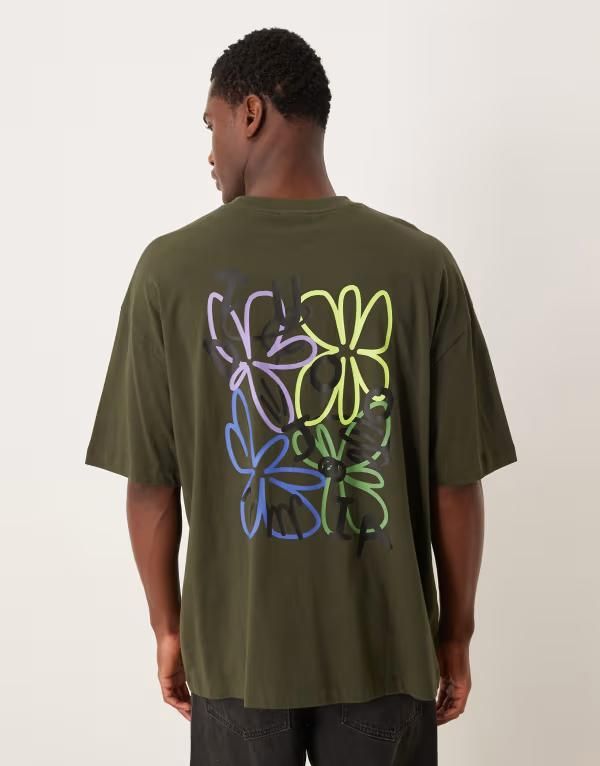 エイソス メンズ トップス Tシャツ フラワー柄 フラワー グラフィック ASOS DESIGN oversized tshirt with abstract floral graphics Forest night フォレスト