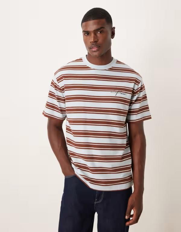 エイソス メンズ トップス Tシャツ グラフィック ASOS DESIGN heavyweight relaxed striped Tshirt with text graphic and brown texture Multi マルチカラー